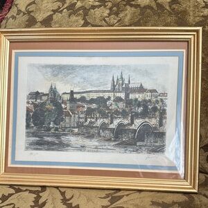 Vintage Hand-colored Etching of the Charles Bridge and Prague Castle, signed